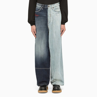 Balenciaga 50/50 Wide-leg Embroidered Colour-block Jeans In Blue
