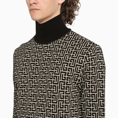 Shop Balmain Black/ivory Intarsia-monogram Turtleneck Pullover