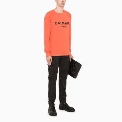 Shop Balmain Orange Sweatshirt With Contrasting Logo
