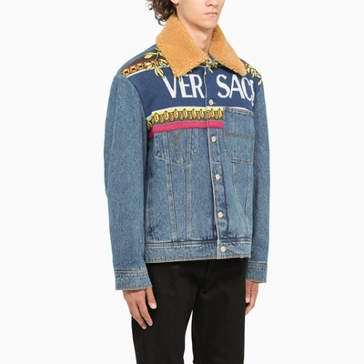 Shop Versace Denim Jacket With Logo In Light Blue