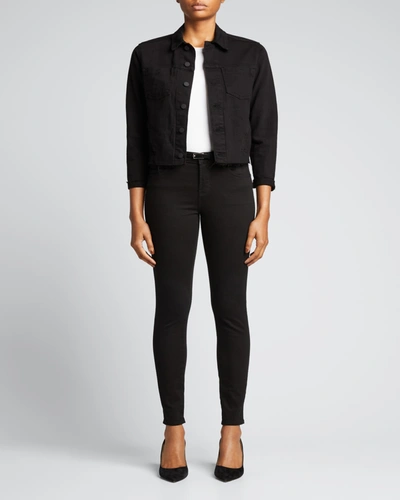 Shop L Agence Janelle Slim Raw-edge Denim Jacket In Saturated Black