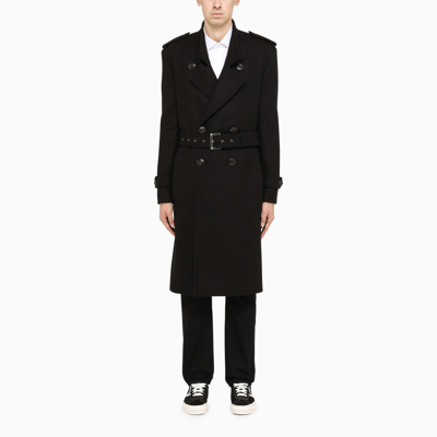 Shop Saint Laurent Black Belted Double-breasted Coat