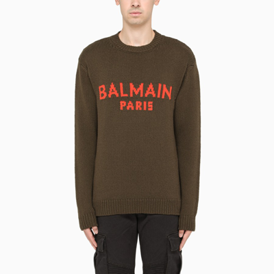 Shop Balmain Khaki/orange Logo-print Sweater In Green