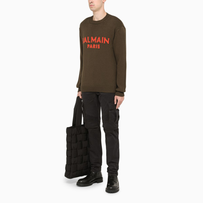 Shop Balmain Khaki/orange Logo-print Sweater In Green