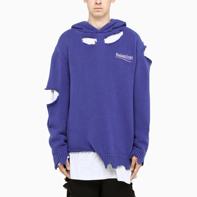 Shop Balenciaga Blue Ripped Knitted Hoodie