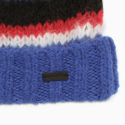 Shop Saint Laurent Multicolour Striped Bonnet Cap In Blue