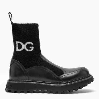 Shop Dolce & Gabbana Black Logoed Leather And Knit Boots