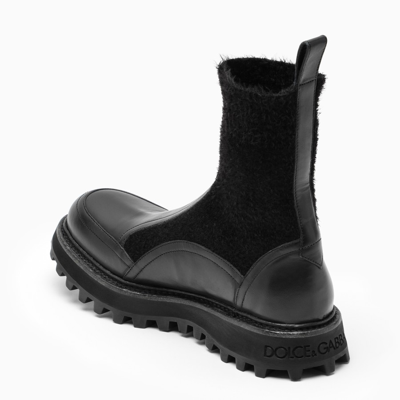 Shop Dolce & Gabbana Black Logoed Leather And Knit Boots