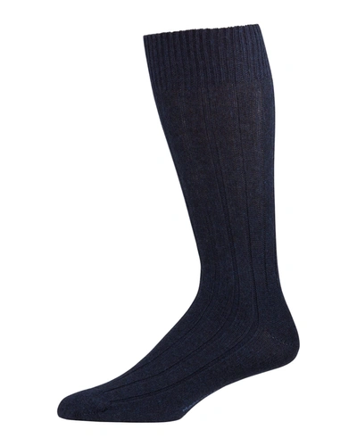 Shop Marcoliani Men's Ribbed Cashmere Dress Socks In Navy