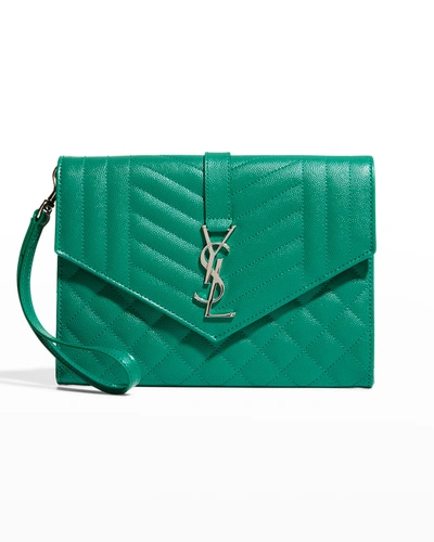 Shop Saint Laurent Pouch Large Ysl Flap Wristlet Bag In 3121 Green Field