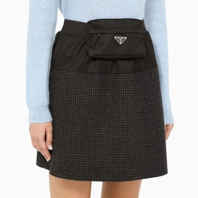 Shop Prada Black/anthracite Checked Mini Skirt With Pouch In Grey