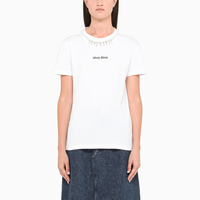Shop Miu Miu White Logo-print T-shirt With Crystals