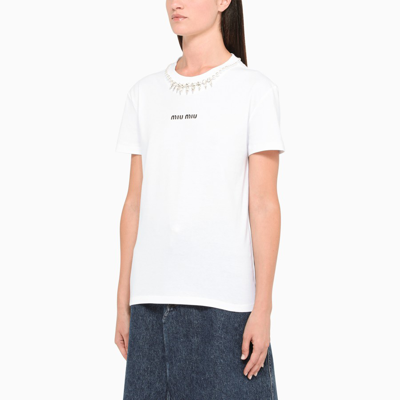 Shop Miu Miu White Logo-print T-shirt With Crystals