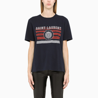 Shop Saint Laurent Crewneck T-shirt With Logo-print In Blue