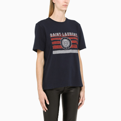 Shop Saint Laurent Crewneck T-shirt With Logo-print In Blue