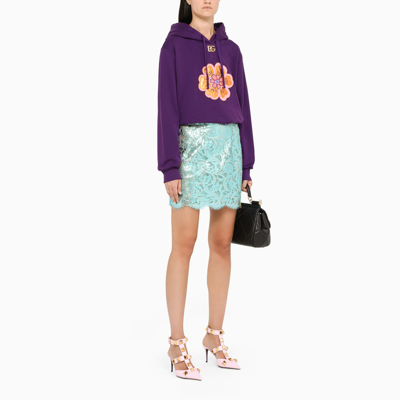 Shop Dolce & Gabbana Light Blue Laminated Lace Mini Skirt