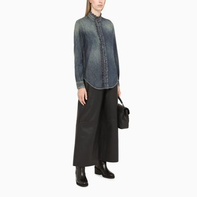 Shop Saint Laurent Ruffled Denim Shirt In Blue