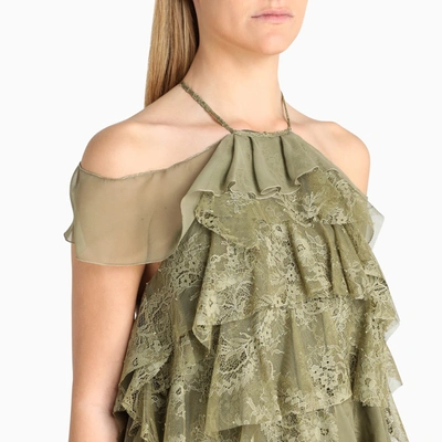 Shop Blumarine Green Volant And Lace Blouse