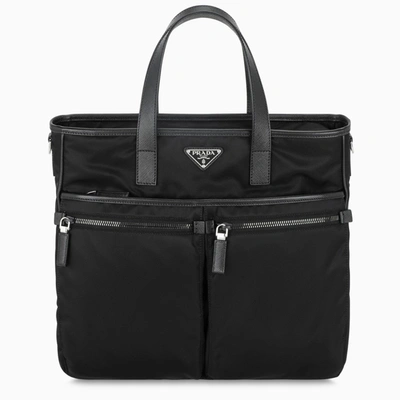 Shop Prada Black Nylon And Leather Medium Tote Bag