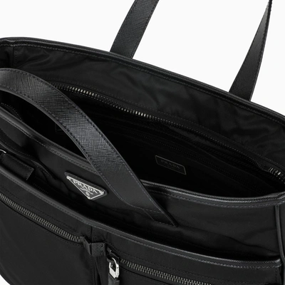 Shop Prada Black Nylon And Leather Medium Tote Bag