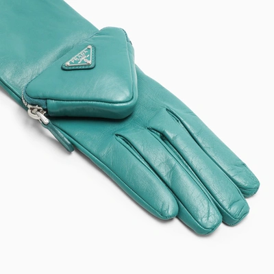 Shop Prada Aquamarine Gloves With Applied Pocket In Green