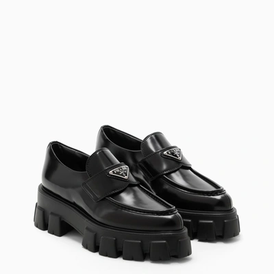 Prada Platform Leather Triangle Logo Loafers In Black