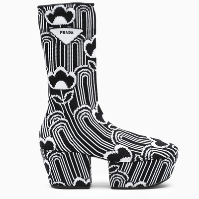 Shop Prada Black/white Jacquard Knitted Wedge Boots