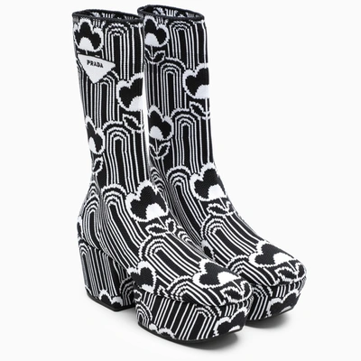 Shop Prada Black/white Jacquard Knitted Wedge Boots