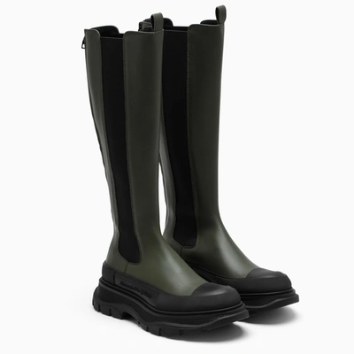Alexander Mcqueen 40mm Tread Slick Leather Tall Boots In Green