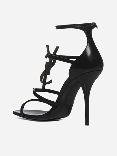 Shop Saint Laurent Cassandra Ysl-logo Leather Sandals In Black