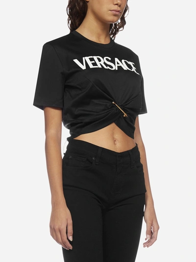 Shop Versace Logo And Pin Cotton Crop T-shirt