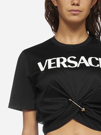 Shop Versace Logo And Pin Cotton Crop T-shirt
