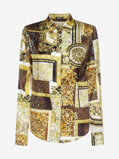 Shop Versace Barocco Print Silk Shirt In Gold - Brown - White