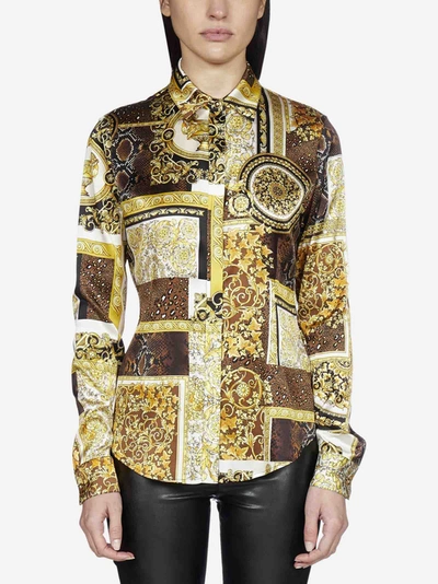 Shop Versace Barocco Print Silk Shirt In Gold - Brown - White