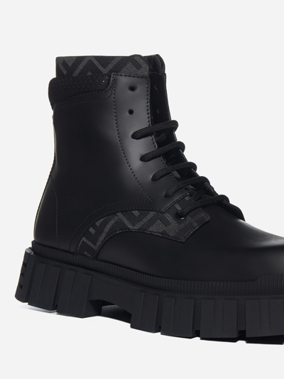 Shop Fendi Leather And Ff Fabric Ankle Boots