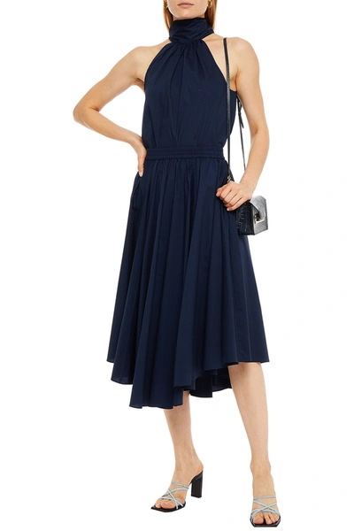 Shop Michael Michael Kors Gathered Stretch-cotton Poplin Midi Skirt In Navy