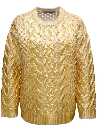 Shop Valentino Perforated Gold Colored Wool Sweater In Metallic
