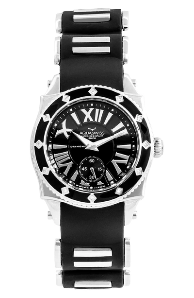 Shop Aquaswiss Swissport Diamond Bezel Silicone Strap Watch, 35mm X 45mm In Black