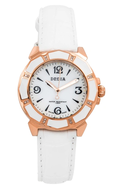 Shop Aquaswiss Lily Leather Strap Diamond Bezel Watch, 33mm X 36mm In White/ Rosegold