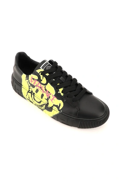 Shop Versace Greca Sneakers With Medusa Smile Print In Black,yellow