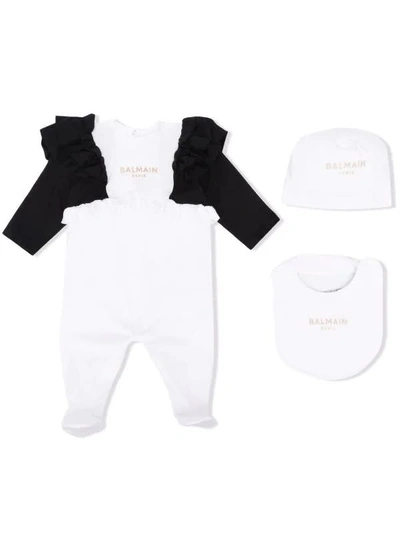 Shop Balmain Romper With Ruffles In Nero-bianco