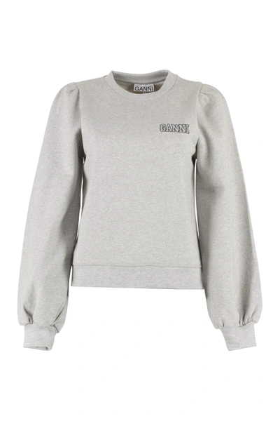 Shop Ganni Logo Detail Cotton Sweatshirt In Grey