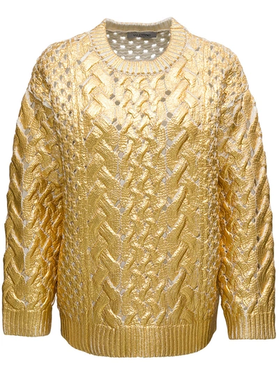 Shop Valentino Openwork Gold Colored Wool Sweater In Metallic