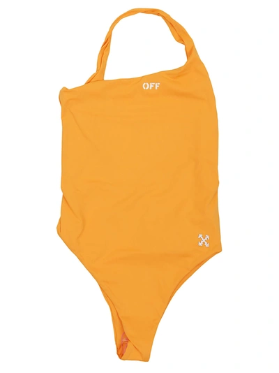 Shop Off-white Logo One Shoulder Swimsuit In Orange White