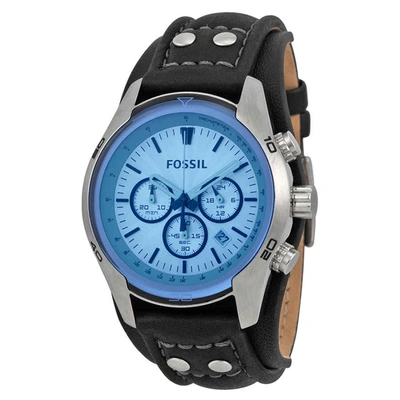 Shop Fossil Blue Glass Chronograph Black Leather Strap Mens Watch Ch2564 In Black / Blue / Silver / Skeleton