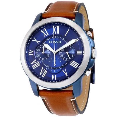 Shop Fossil Grant Chronograph Blue Dial Men's Watch Fs5151 In Blue / Brown