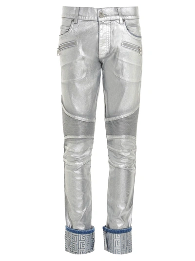 Shop Balmain Logo Patch Embossed Jeans In Silver