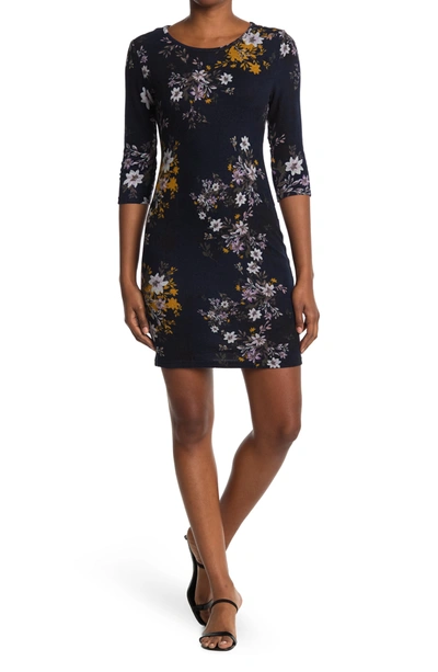 Shop Papillon Floral 3/4 Sleeve Dress In Navy Multi
