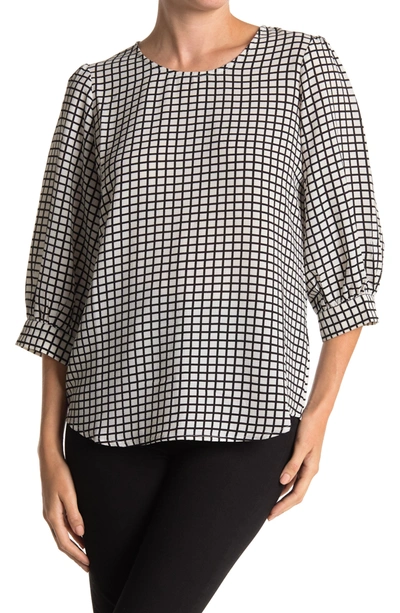 Shop Adrianna Papell Pebbled 3/4 Sleeve Crepe Blouse In Ivory/ Black Narrow Windowpane