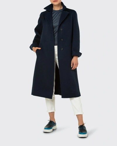 Shop Akris Cashmere Double-face Coat W/ Leather Strap In Deep Blue